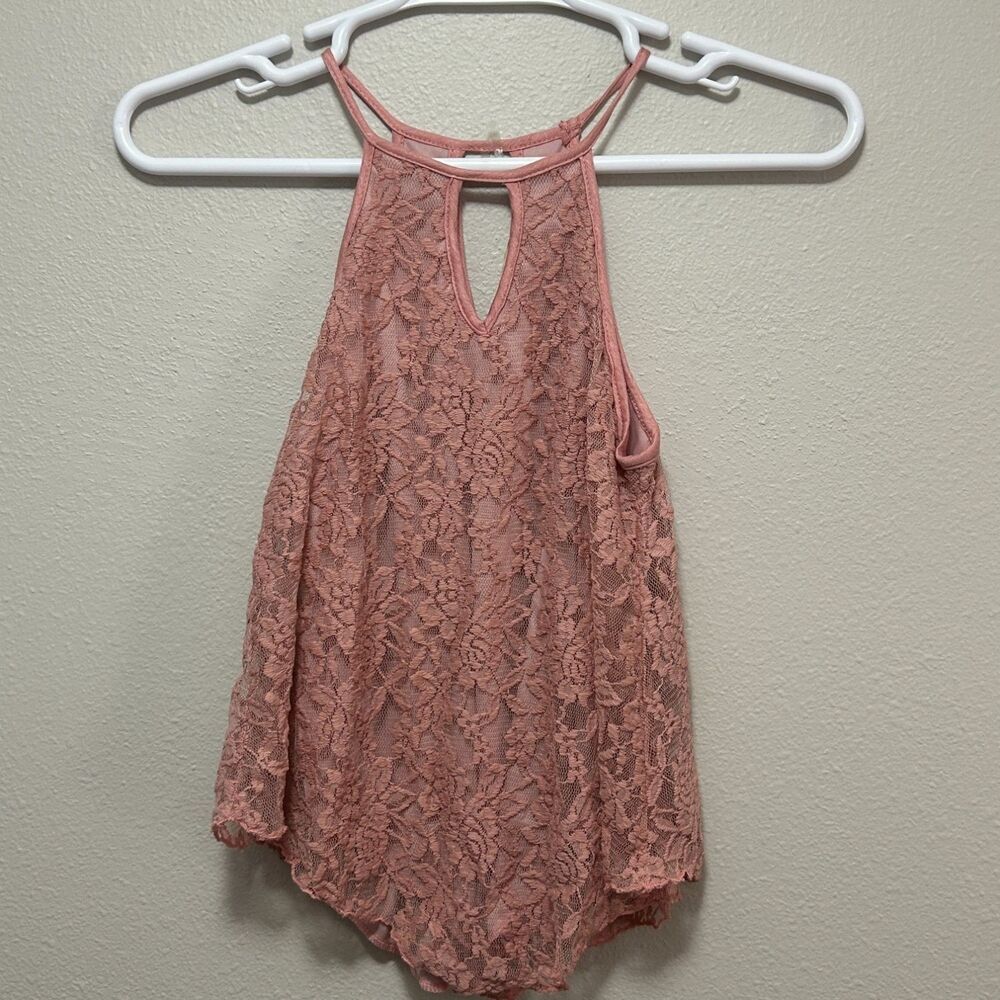 Pinc Tank Top Women Small Dusty Rose Floral Lace Halter Keyhole Nylon 77565-J